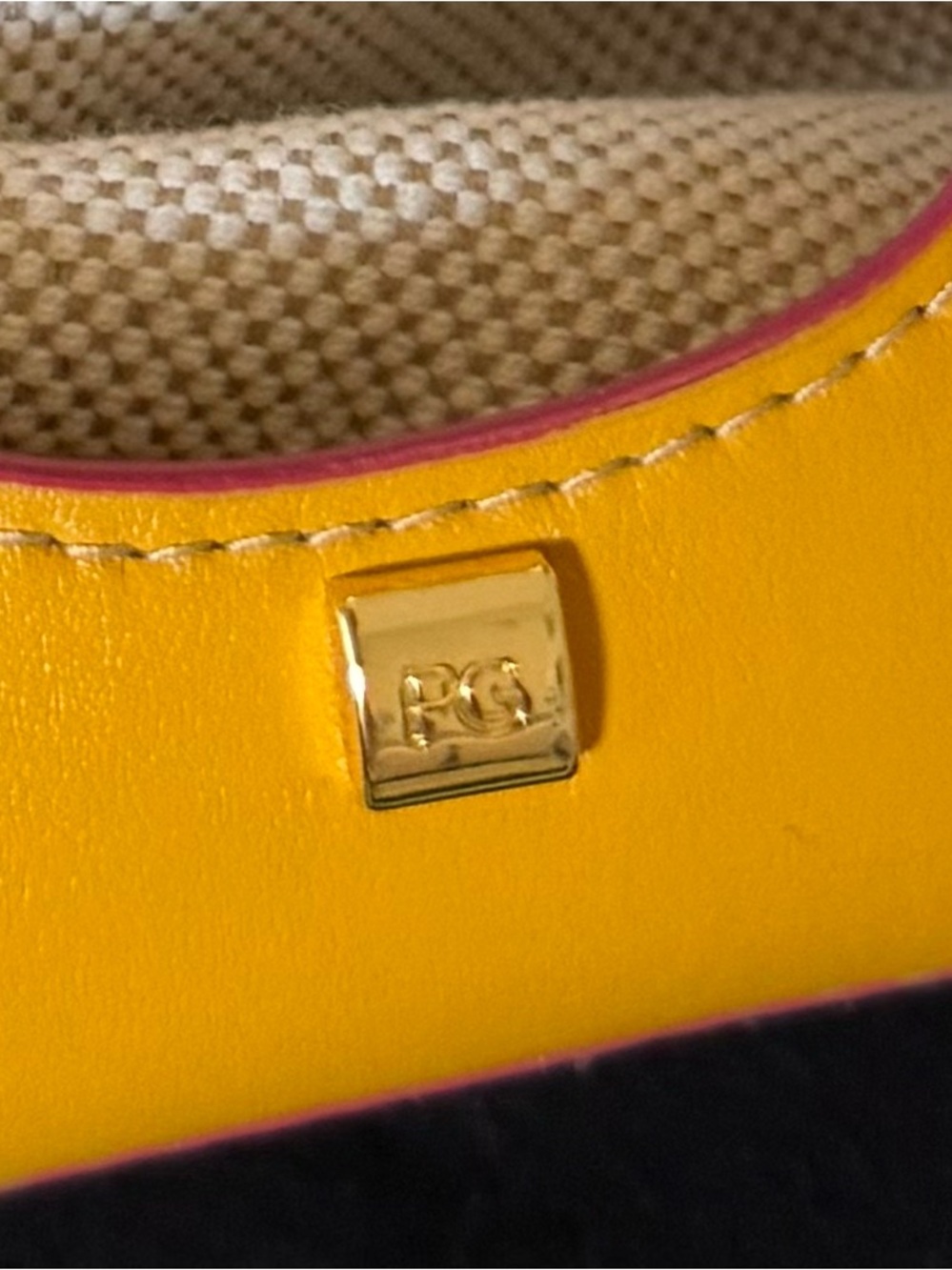 Purificacion Garcia Yellow Leather Drawstring Bucket Shoulder Bag with Pink Trim - Picture 3 of 7